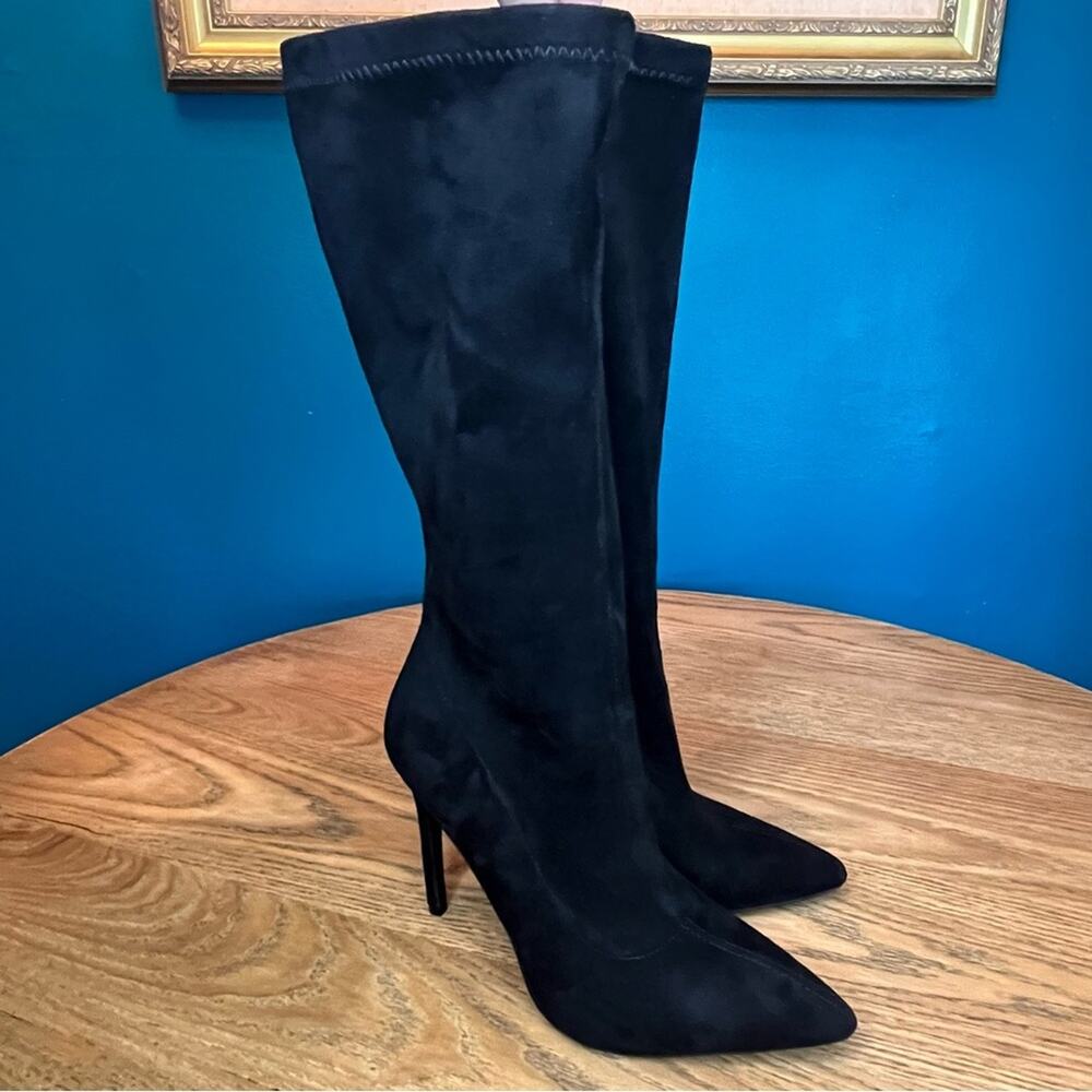 London Rag Playdate Mid Calf High Heeled Boots Black Faux Suede Women’s Size 7
